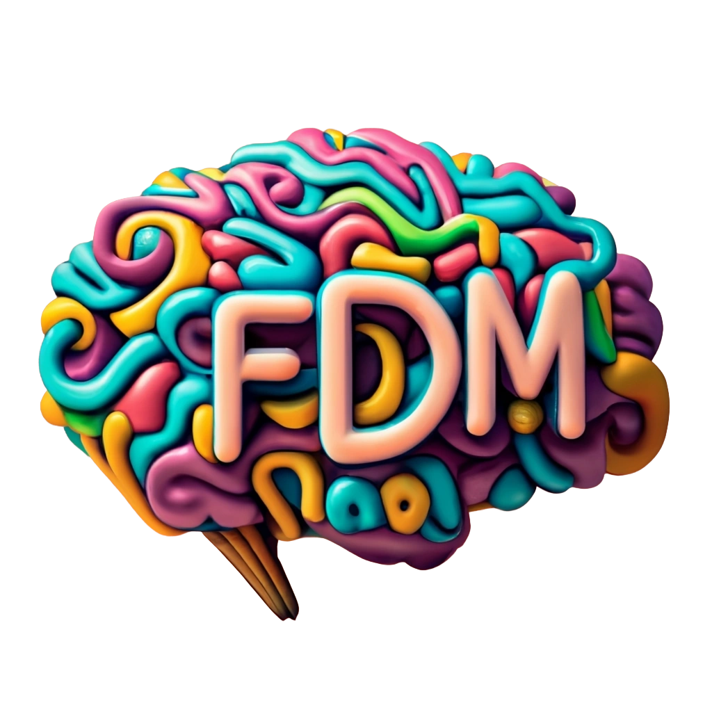 Fragdemented Logo. A Colorful Brain with F D M on it.